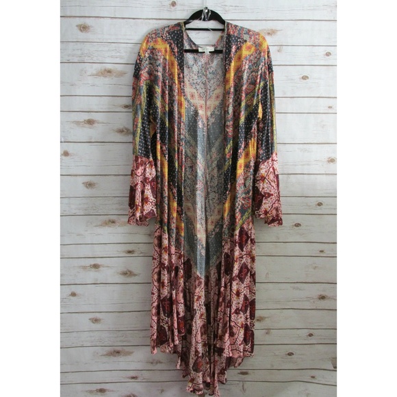 "Caravan" Mixed Print Bell Sleeve Long Line Kimono - Picture 6 of 7